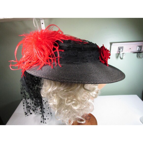 Vintage Wide Brim Hat Black Lace Ostrich Feathers Red Rose Embellishment